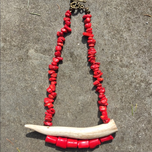 Red Coral Deer Antler Statement Necklace - Picture 11 of 14